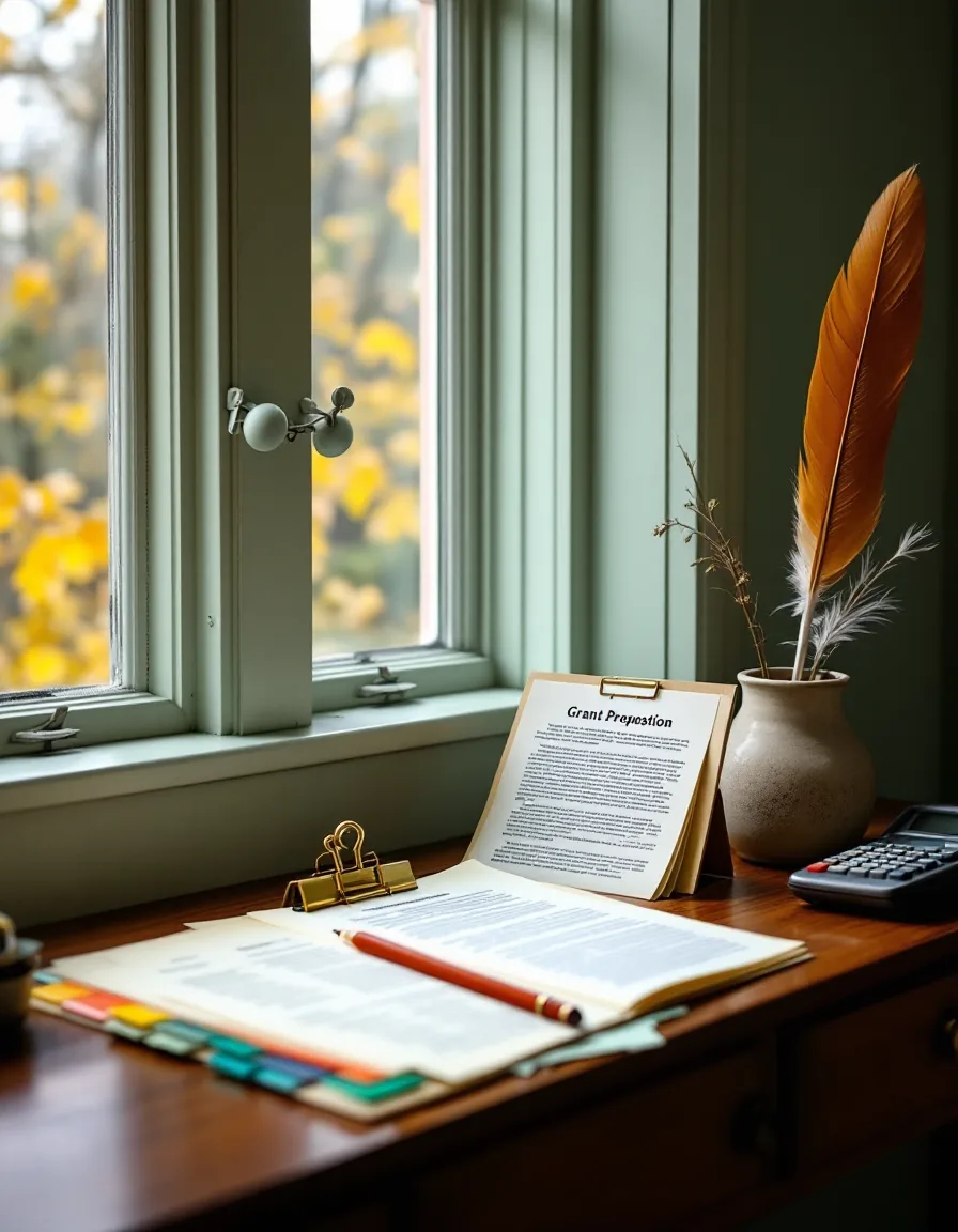A writing desk by a window: grant proposal pages fanned out with colored tabs, a rust pencil, a binder clip and a quill in a small jar against a sage-green wall