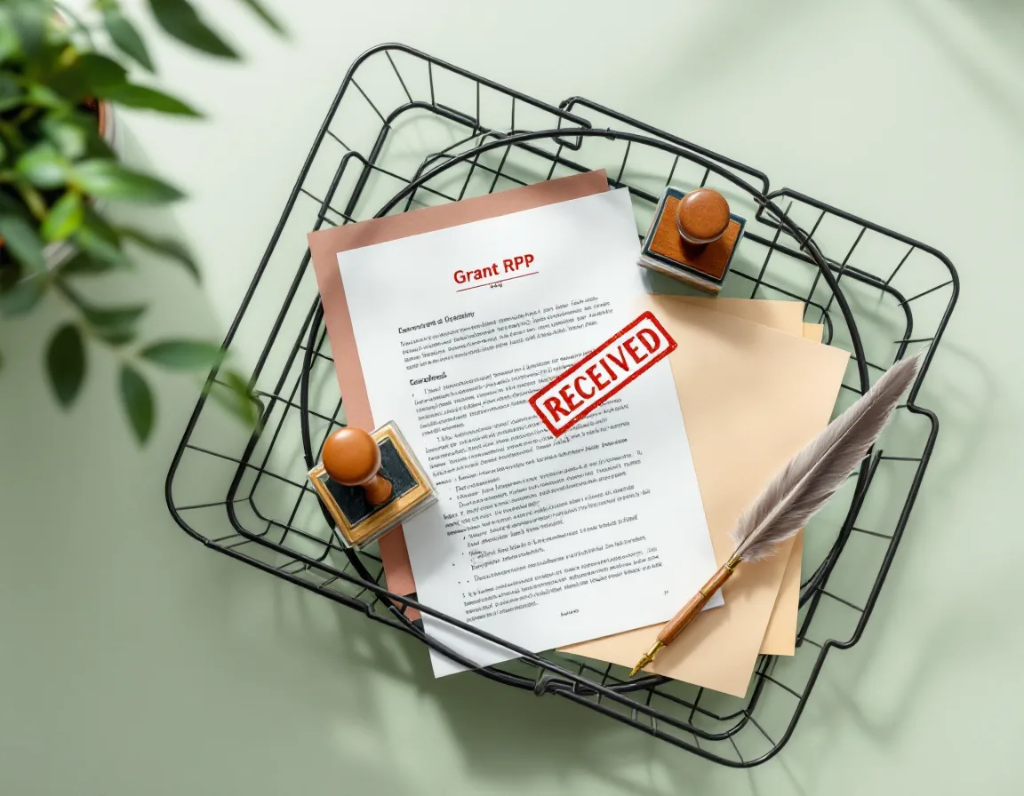 A wire in-tray holding a tabbed grant solicitation stamped received, with a date stamp, ink pad and quill beside it