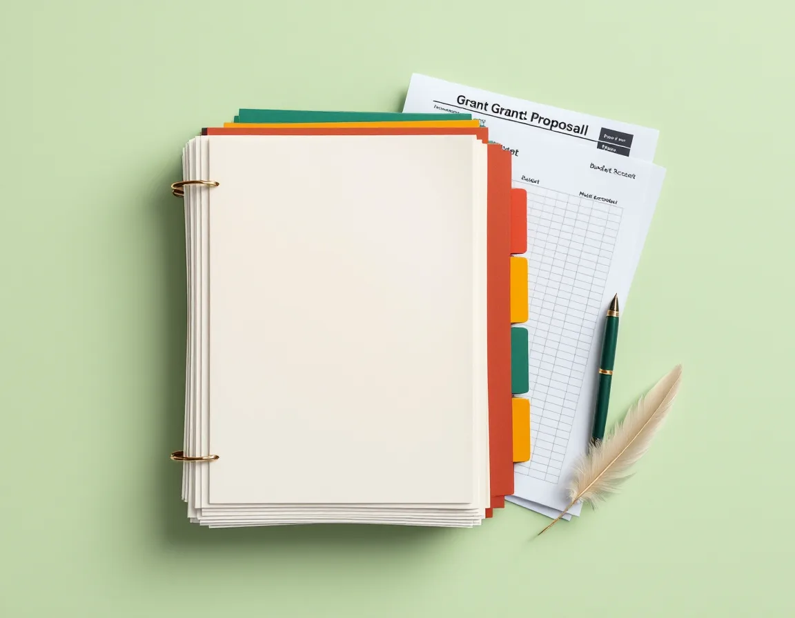 A finished grant proposal packet held with a brass binder clip, colored tabs along its edge, a budget sheet and a quill beside it on a pale green backdrop